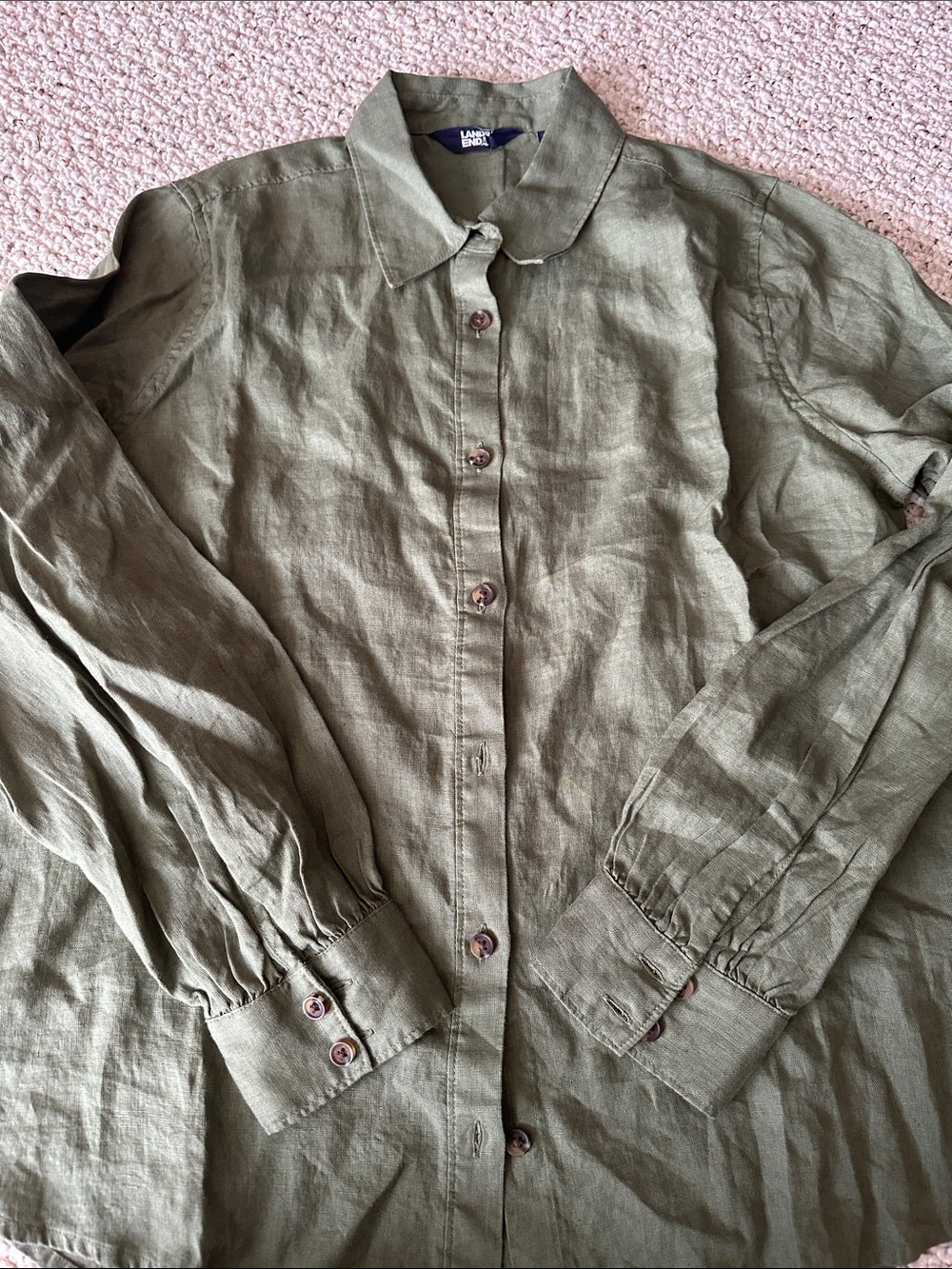 Lands' End Olive Green Linen Button-Front Shirt Jacket
